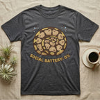 Dark grey t-shirt with a coiled snake design and "SOCIAL BATTERY: 0%" text.