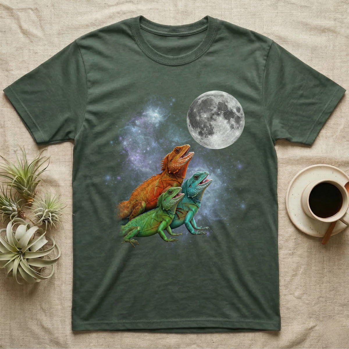 Chinese Water Dragon Moon Howl T-Shirt in Military Green — Three Chinese Water Dragon colour morphs howling at a full moon over a nebula on a dark grey t-shirt.