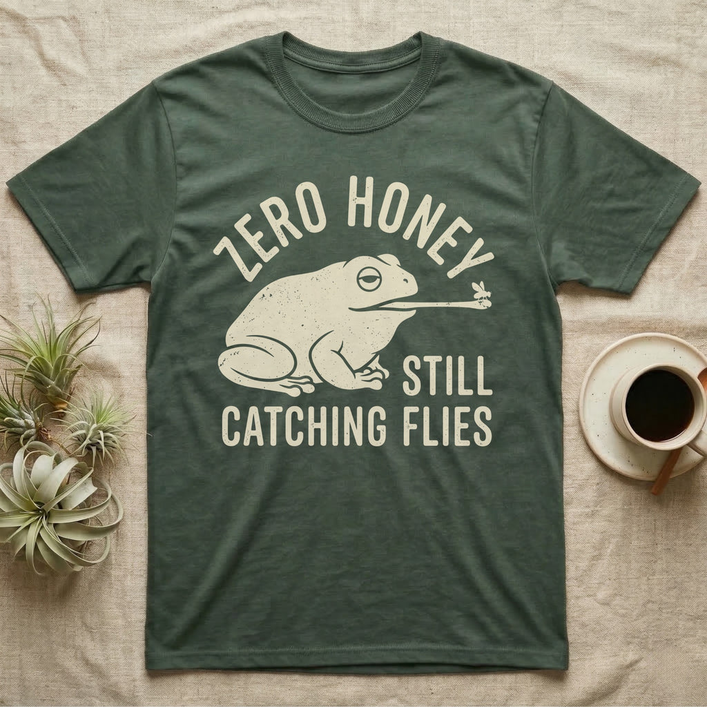Tree Frog Proverb T-Shirt in Military Green — Worn cream print of a dumpy White's tree frog catching a fly with its tongue under the words Zero Honey, Still Catching Flies
