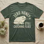 Tree Frog Proverb T-Shirt in Military Green — Worn cream print of a dumpy White's tree frog catching a fly with its tongue under the words Zero Honey, Still Catching Flies