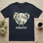 Three Axolotl Moon Tee in Navy — Retro-illustration of three smiling axolotls with feathery gill plumes arranged around a stratified halftone full moon.
