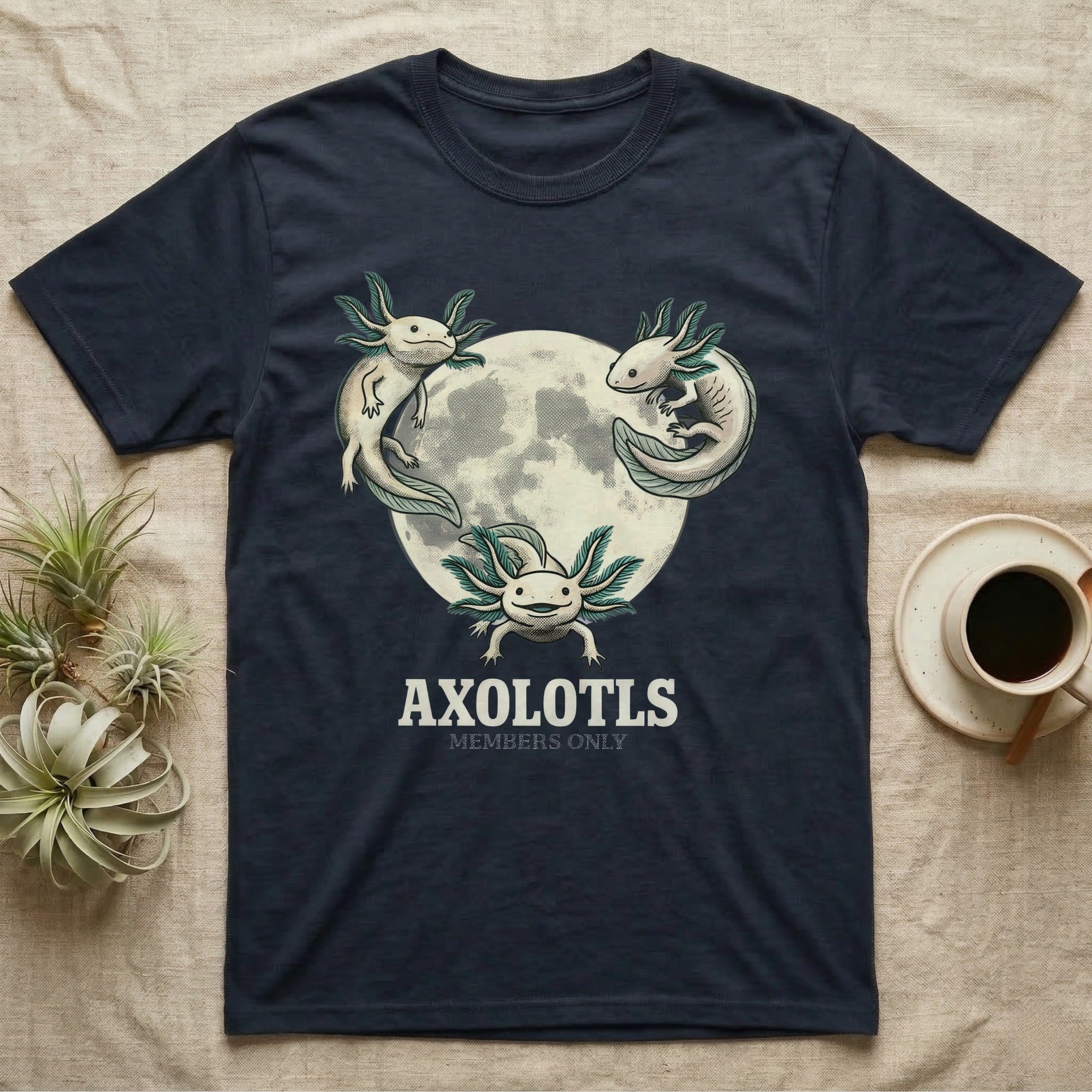 Three Axolotl Moon Tee in Navy — Retro-illustration of three smiling axolotls with feathery gill plumes arranged around a stratified halftone full moon.