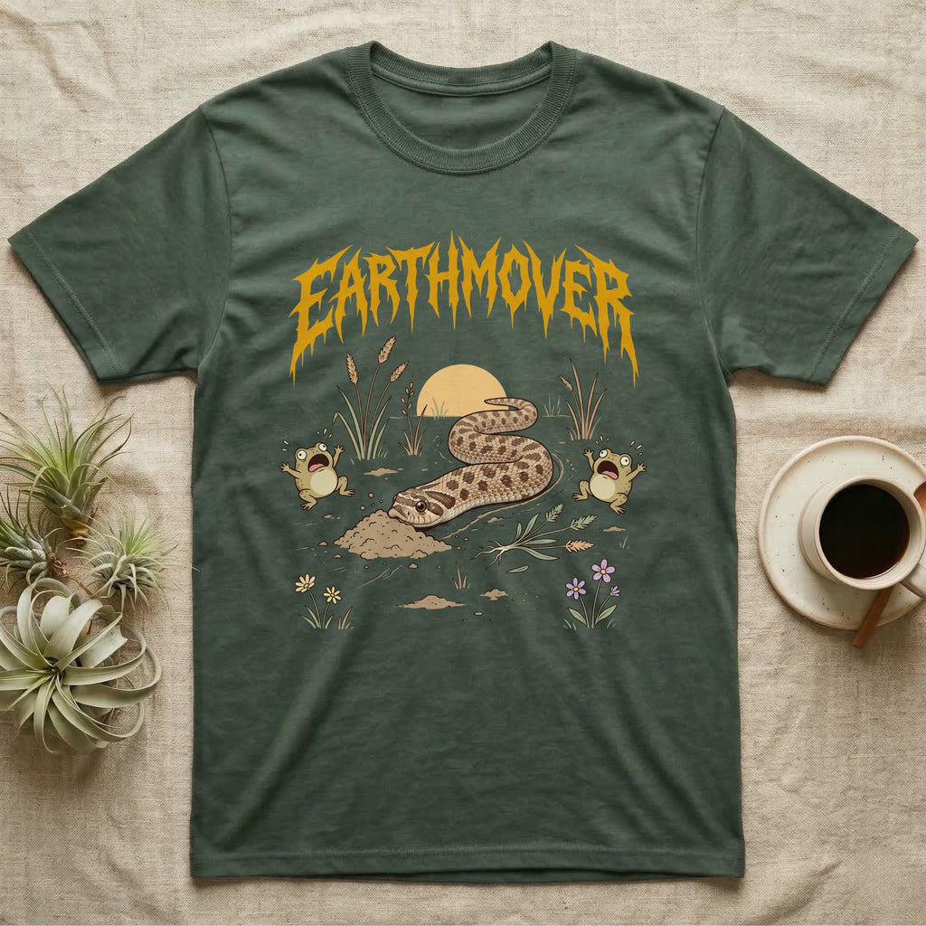 Western Hognose Earthmover T-Shirt in Military Green — Western hognose snake bulldozing a mound of dirt as two frogs scream, under dripping EARTHMOVER lettering with a low sun and wildflowers.