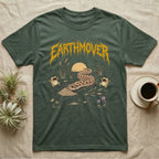 Western Hognose Earthmover T-Shirt in Military Green — Western hognose snake bulldozing a mound of dirt as two frogs scream, under dripping EARTHMOVER lettering with a low sun and wildflowers.
