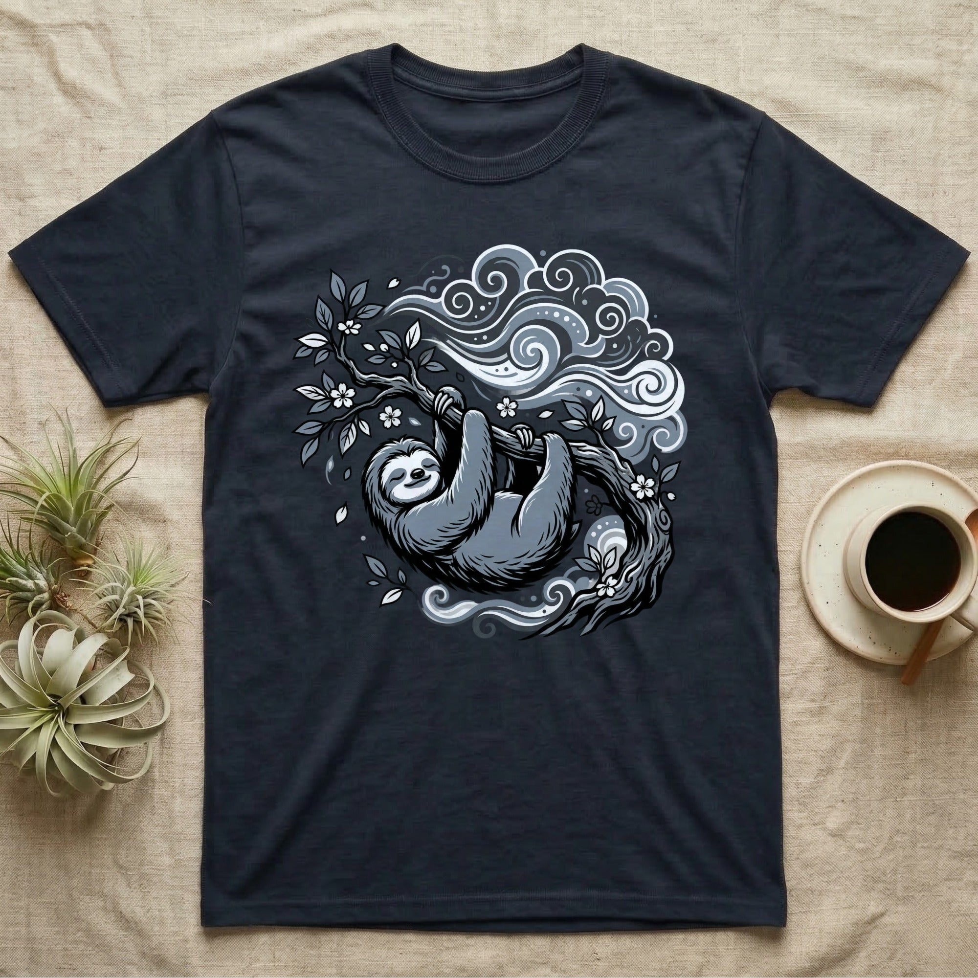 Dark t-shirt with graphic of a sloth hanging from a tree branch in clouds.
