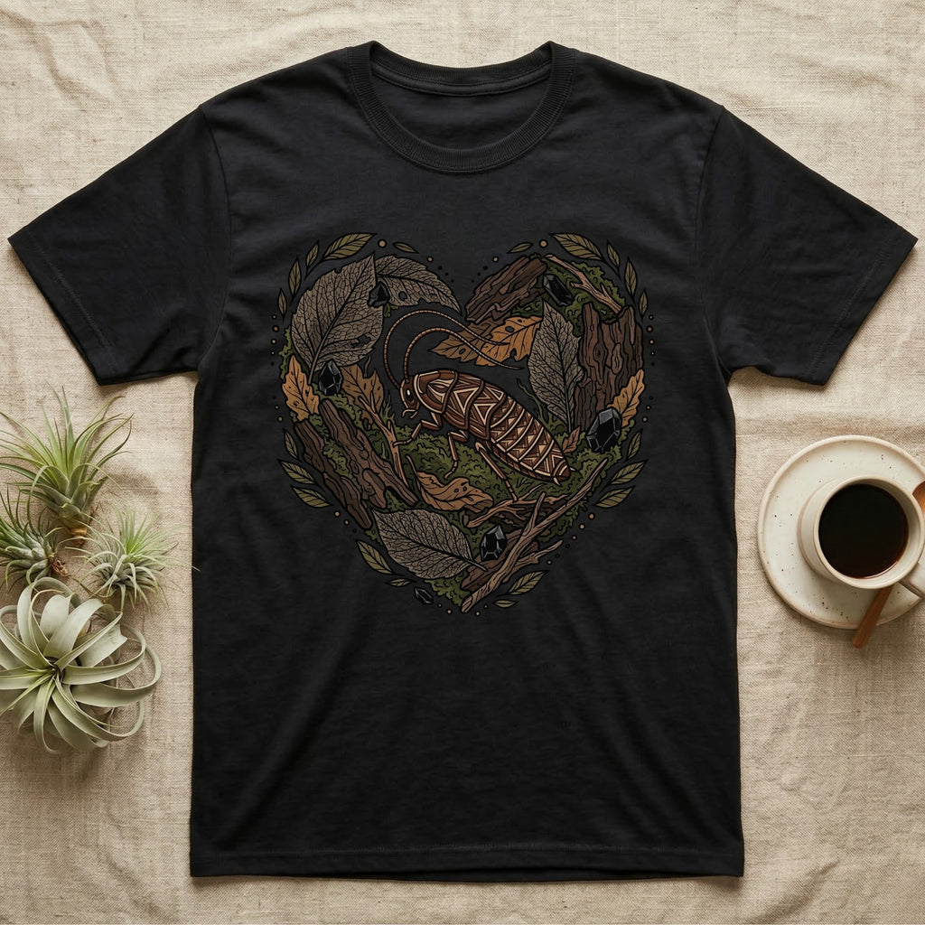 Black t-shirt with a heart-shaped design of a cockroach and foliage.