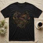 Black t-shirt with a heart-shaped design of a cockroach and foliage.