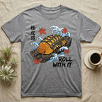 Rubber Ducky Isopod Ukiyo-e T-Shirt in Sport Grey — Ukiyo-e woodblock rubber ducky isopod on cork bark among waves and maple leaves, "Roll With It".