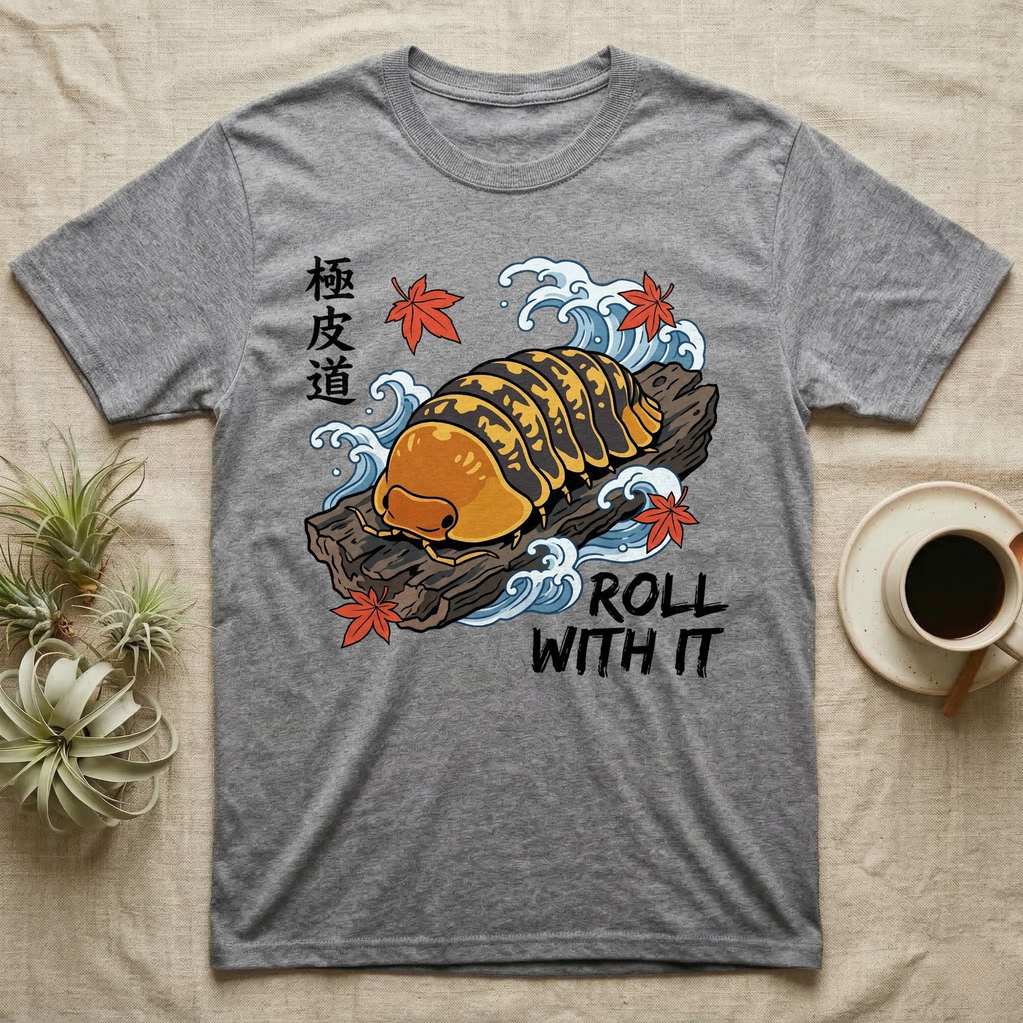 Rubber Ducky Isopod Ukiyo-e T-Shirt in Sport Grey — Ukiyo-e woodblock rubber ducky isopod on cork bark among waves and maple leaves, "Roll With It".