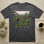 Dart Frog Bioactive Vivarium T-Shirt in Dark Heather — Illustrated panel of a cobalt dart frog in a layered planted vivarium, leaves crossing the inked border.