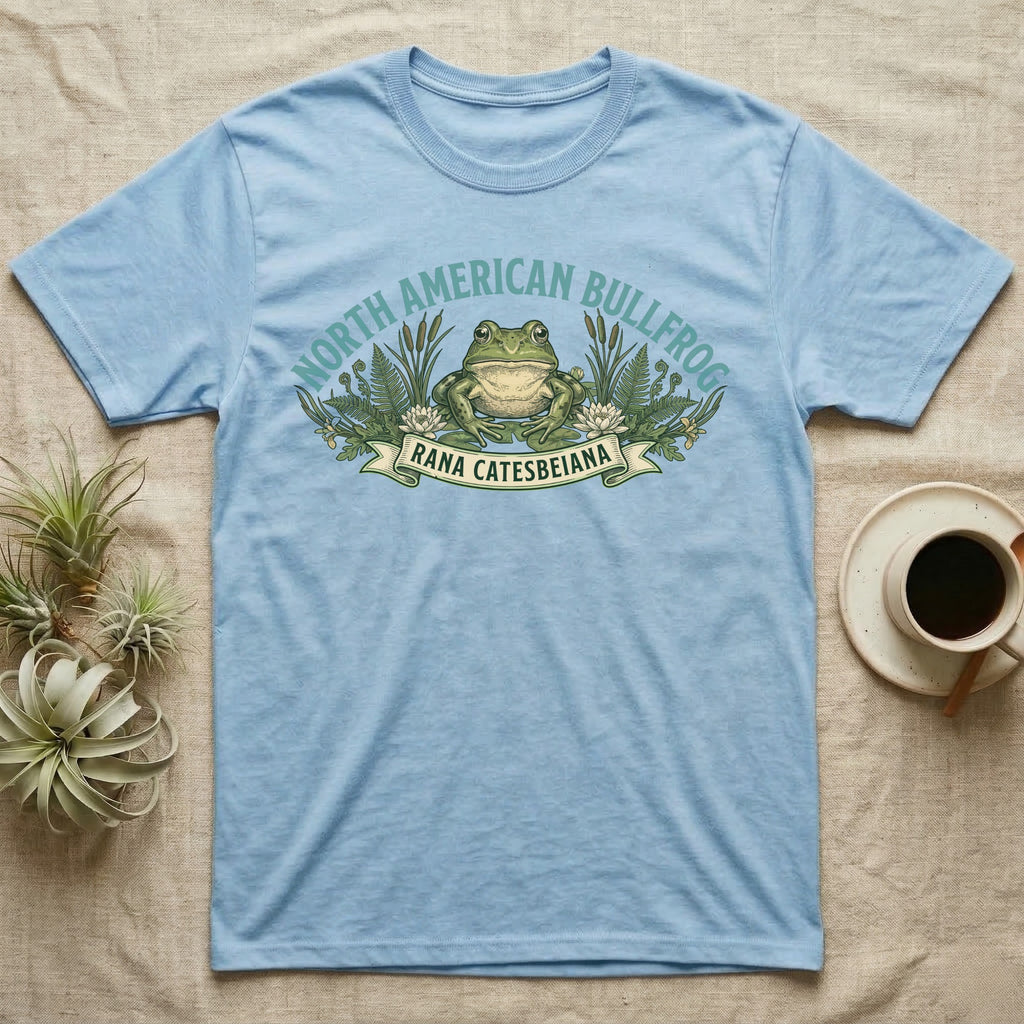 Light blue t-shirt with North American Bullfrog graphic and "Rana catesbeiana" text.