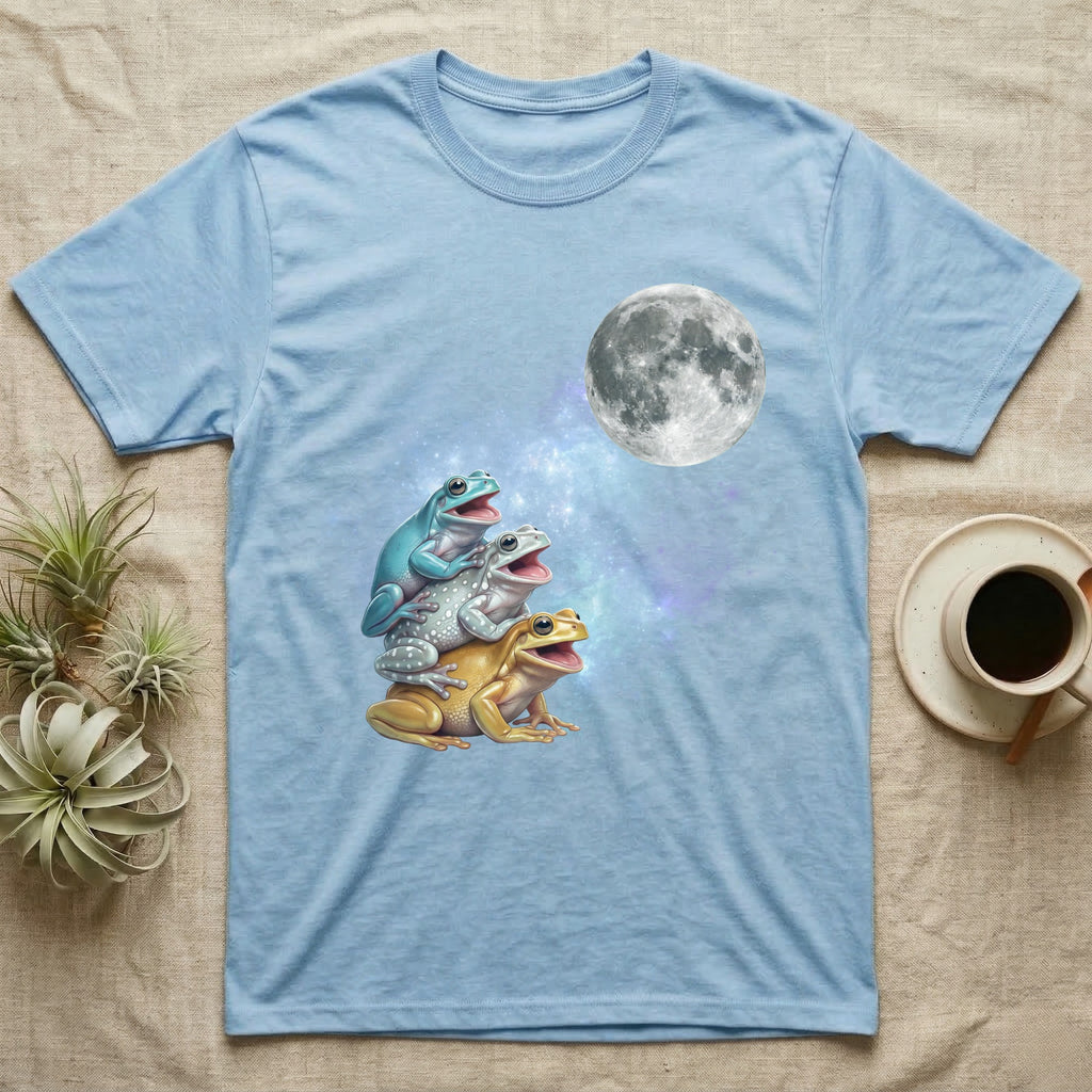 White's Tree Frog Moon Howl T-Shirt in Light Blue — Three White's Tree Frog colour morphs howling at a full moon over a nebula on a dark grey t-shirt.