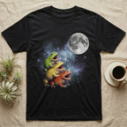 Pacman Frog Moon Howl T-Shirt in Black — Three Pacman Frog colour morphs howling at a full moon over a nebula on a dark grey t-shirt.