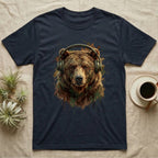 Dark t-shirt with graphic of a bear wearing headphones.