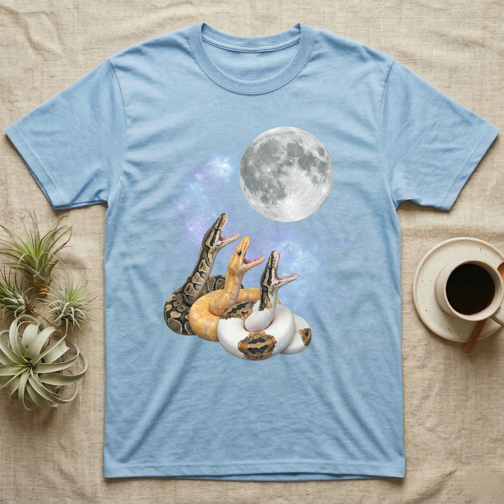 Ball Python Moon Howl T-Shirt in Light Blue — Three Ball Python colour morphs howling at a full moon over a nebula on a dark grey t-shirt.