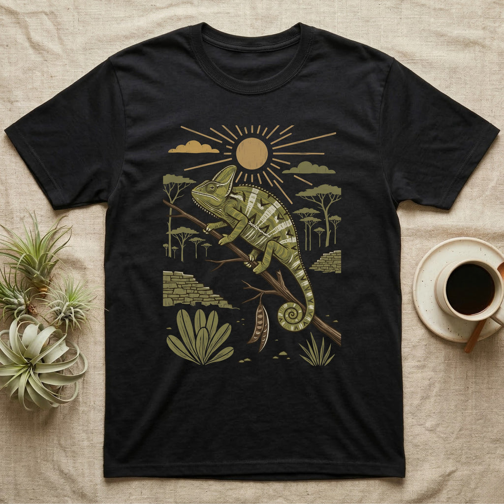 Veiled Chameleon Home Range T-Shirt in Black — Woodcut-style illustration of a veiled chameleon gripping an acacia branch with terraced walls and umbrella trees behind, no on-shirt text.