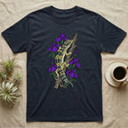Dark t-shirt with a colorful leopard gecko and purple irises design.