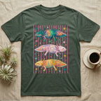 Axolotl Colourways Candy Stripe T-Shirt in Military Green — Three gouache axolotls stacked in bands on pink candy stripes, facing left, right and left, with scattered stars