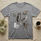 Grey t-shirt featuring a collection of owls in astronaut helmets with planets and stars.