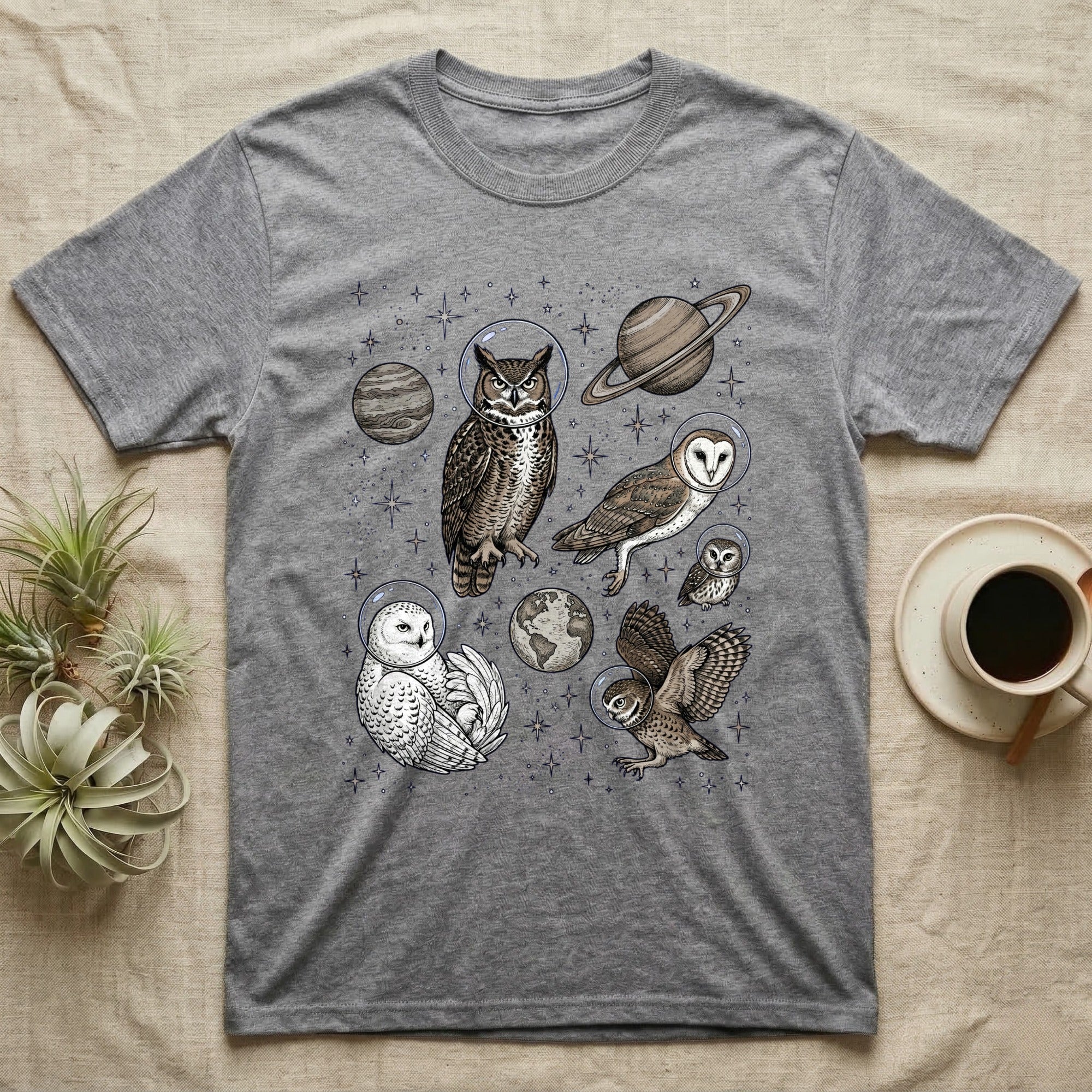 Grey t-shirt featuring a collection of owls in astronaut helmets with planets and stars.