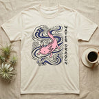 Pink axolotl in stylized blue waves with Japanese "Water Dragon" text.