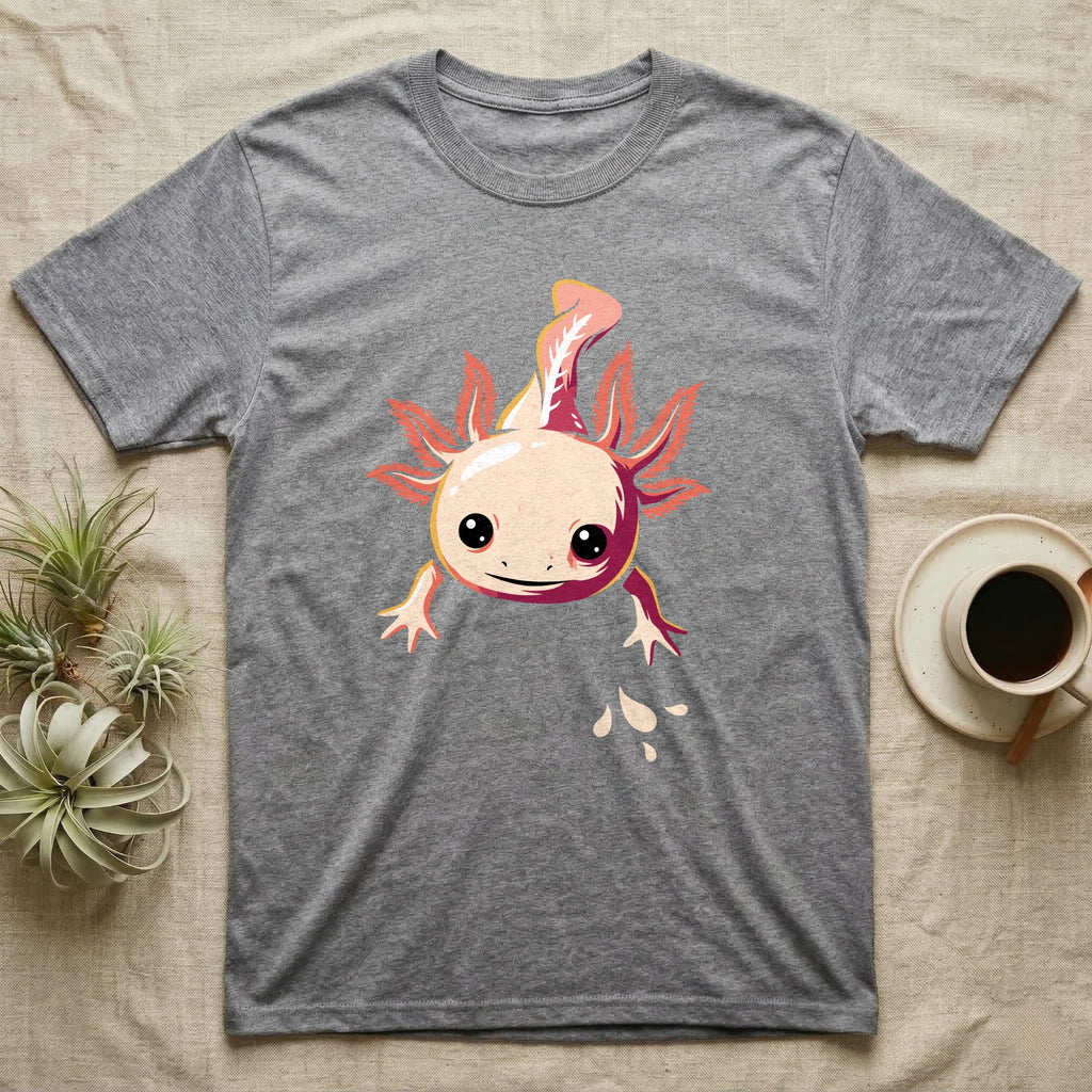 Cute chibi illustration of a smiling cream and coral-pink axolotl floating with splashing water droplets, no on-shirt text. — shown on a Sport Grey tee.