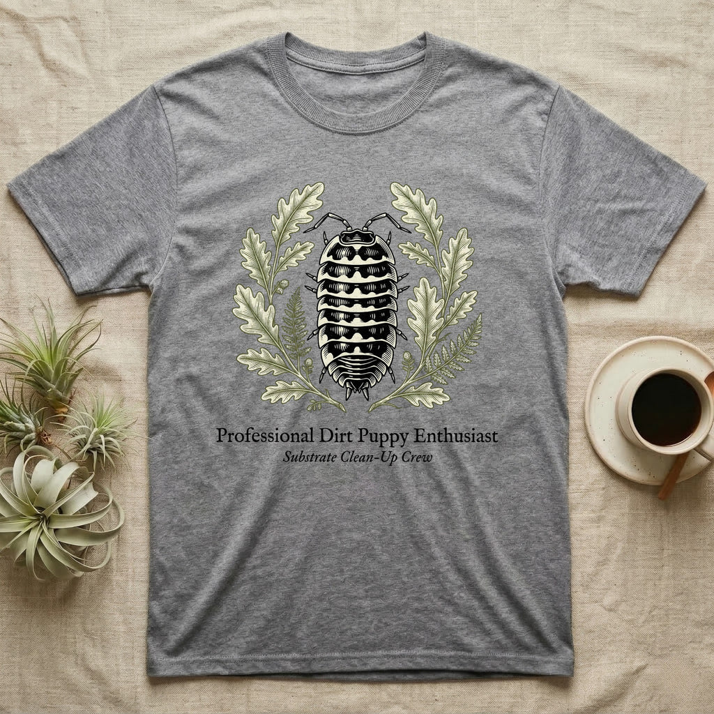 Zebra Isopod Copperplate T-Shirt in Sport Grey — Copperplate engraving of a banded zebra isopod wreathed in oak leaves above serif dirt puppy text.