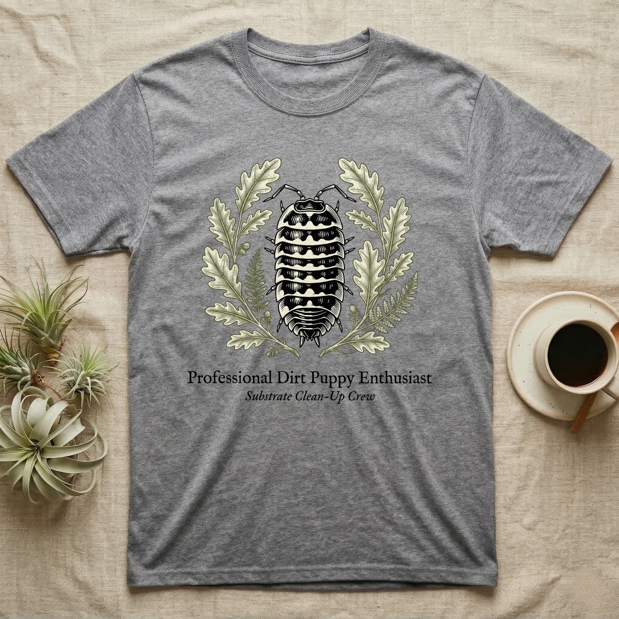 Zebra Isopod Copperplate T-Shirt in Sport Grey — Copperplate engraving of a banded zebra isopod wreathed in oak leaves above serif dirt puppy text.