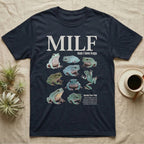 White's Tree Frog MILF T-Shirt in Navy — Eight White's tree frogs in a cut-out photo collage under the huge cream word MILF, man I love tree frogs.
