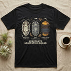 Isopod Substrate Sanitation Squad T-Shirt in Black — Engraved chart of dairy cow, zebra and rubber ducky isopods labelled with their scientific names.