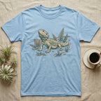 Bearded Dragon Dinosaur T-Shirt in Light Blue — Faded 90s nature-doc illustration of a bearded dragon posed in profile as a tiny dinosaur specimen on a field plate.
