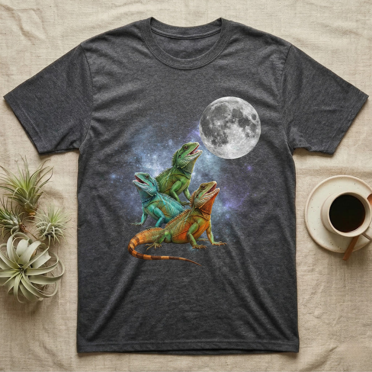 Chinese Water Dragon Moon Howl T-Shirt in Dark Heather — Three Chinese Water Dragon colour morphs howling at a full moon over a nebula on a dark grey t-shirt.
