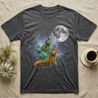 Chinese Water Dragon Moon Howl T-Shirt in Dark Heather — Three Chinese Water Dragon colour morphs howling at a full moon over a nebula on a dark grey t-shirt.