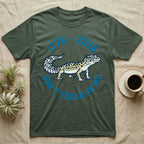 Leopard Gecko 1776 T-Shirt in Military Green — Two-colour vector leopard gecko in profile ringed by arched text reading 1776 to 2026 and Don't Tread On Me.