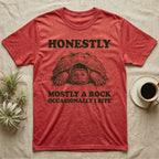 Snapping Turtle Rock T-Shirt in Heather Red — Engraved snapping turtle hunkered like a mossy rock, facing forward, with the words Honestly, Mostly a Rock, Occasionally I Bite