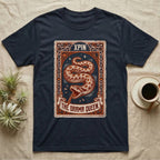 Hognose Snake Drama Queen T-Shirt in Navy — Ornate tarot card of a western hognose snake playing dead, banner reading "The Drama Queen."