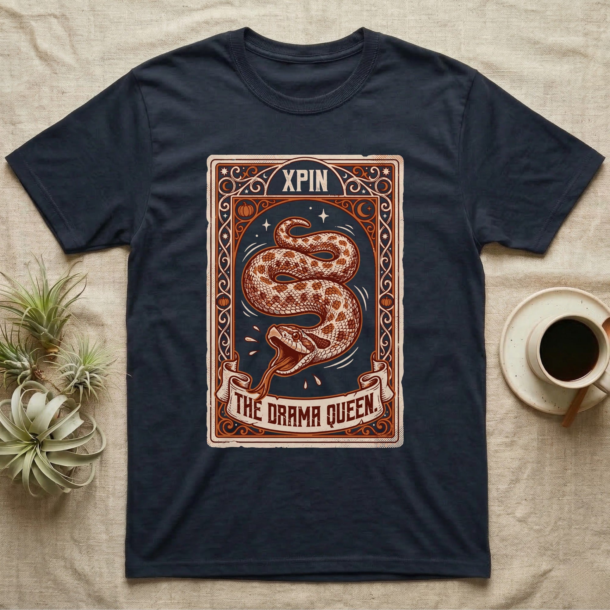 Hognose Snake Drama Queen T-Shirt in Navy — Ornate tarot card of a western hognose snake playing dead, banner reading "The Drama Queen."