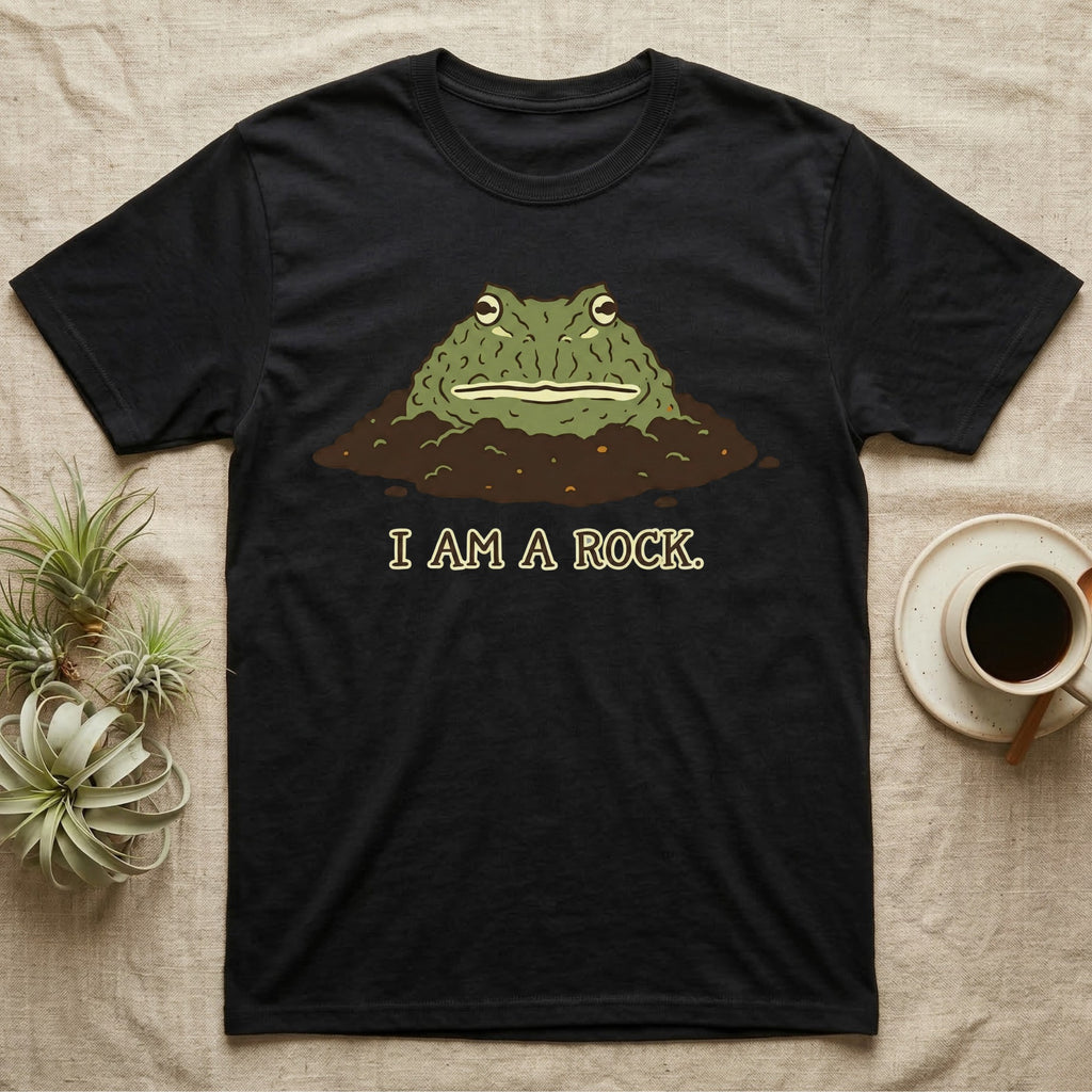 Black t-shirt with a cartoon frog emerging from dirt, text reads "I AM A ROCK."