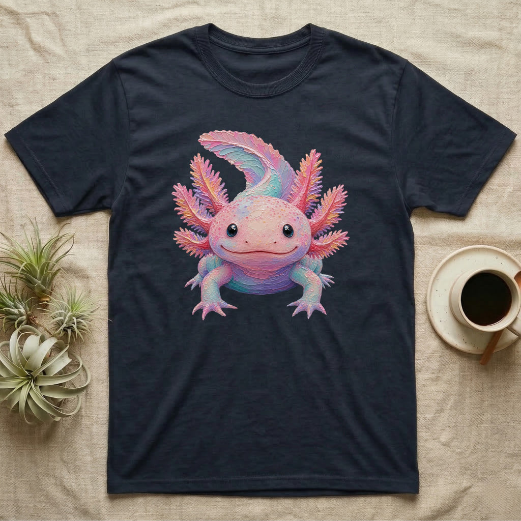 Dark t-shirt with colorful axolotl graphic on chest.