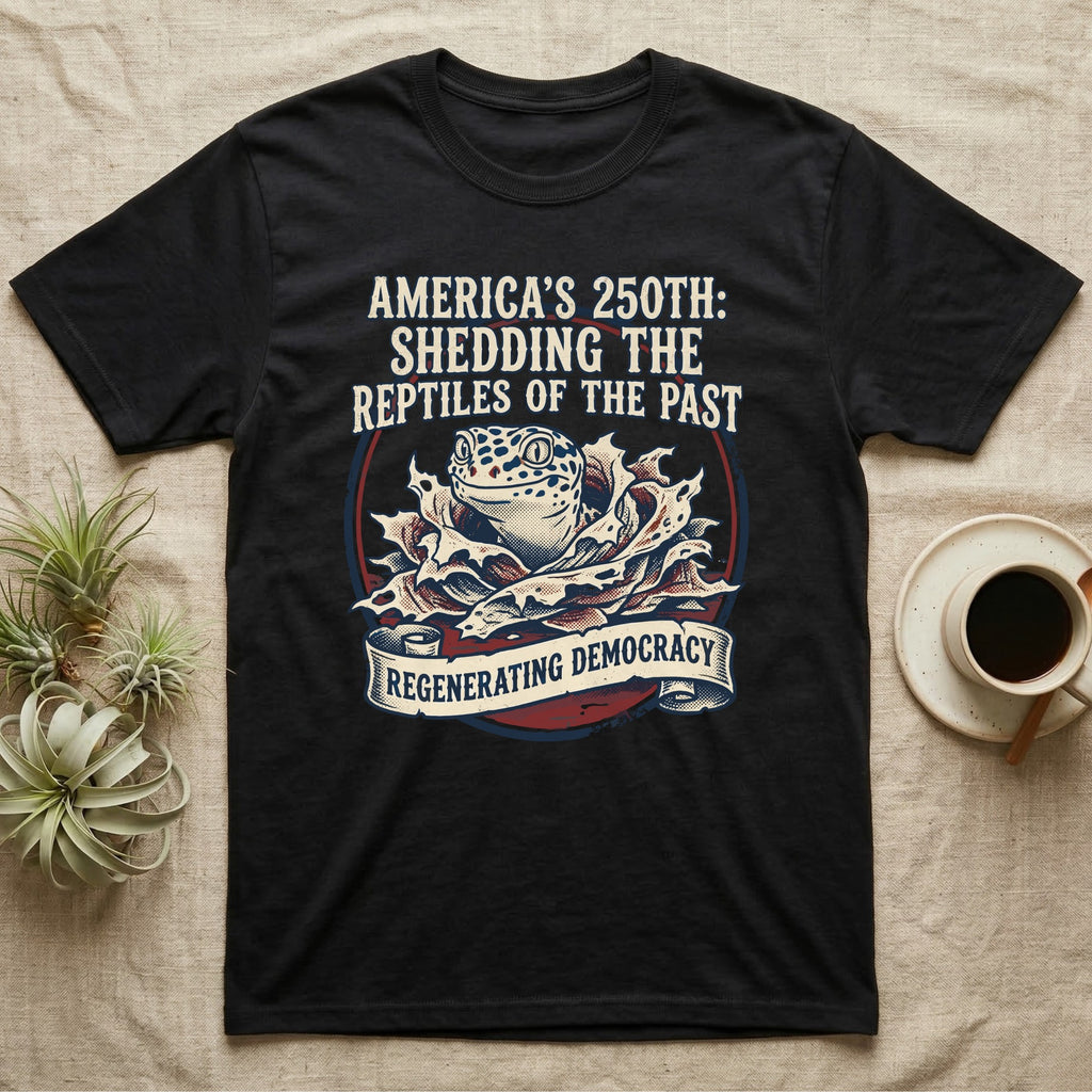 Leopard Gecko Shedding Tee in Black — Vintage badge of a leopard gecko emerging from its shed skin, navy and red emblem reading Shedding The Reptiles Of The Past, on black.