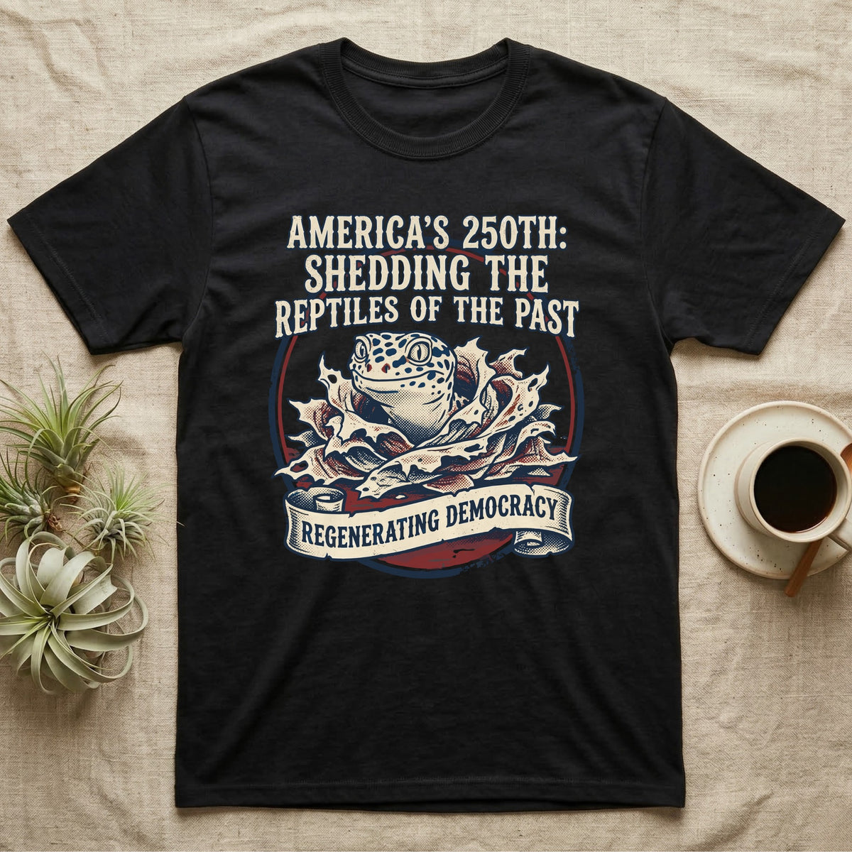 Leopard Gecko Shedding Tee in Black — Vintage badge of a leopard gecko emerging from its shed skin, navy and red emblem reading Shedding The Reptiles Of The Past, on black.
