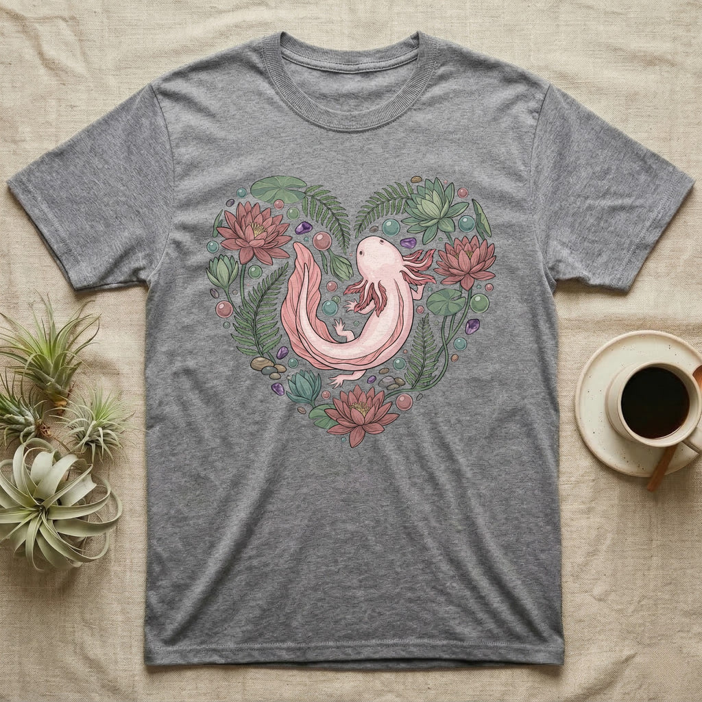 Grey t-shirt with pink axolotl heart design surrounded by flowers and leaves.