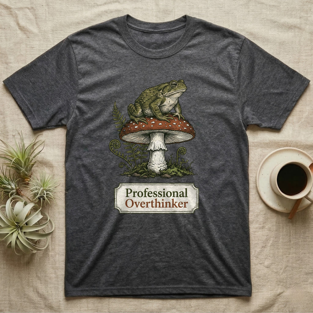 Dark gray t-shirt with a toad on a mushroom, text reads "Professional Overthinker."