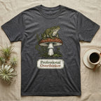 Dark gray t-shirt with a toad on a mushroom, text reads "Professional Overthinker."