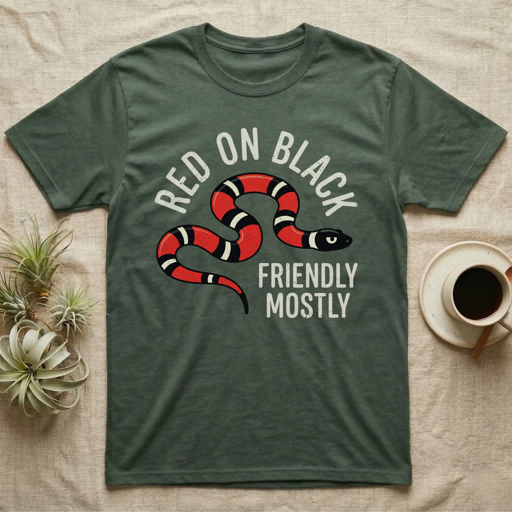 Milk Snake Friendly T-Shirt in Military Green — Worn screen-print of a red, black and cream banded milk snake under the cream words Red On Black, Friendly, Mostly