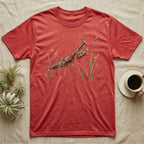 Ghost Mantis Watercolour T-Shirt in Heather Red — Watercolour ghost mantis standing still in profile with forelegs folded, watching a single fruit fly perched on a grass tip.