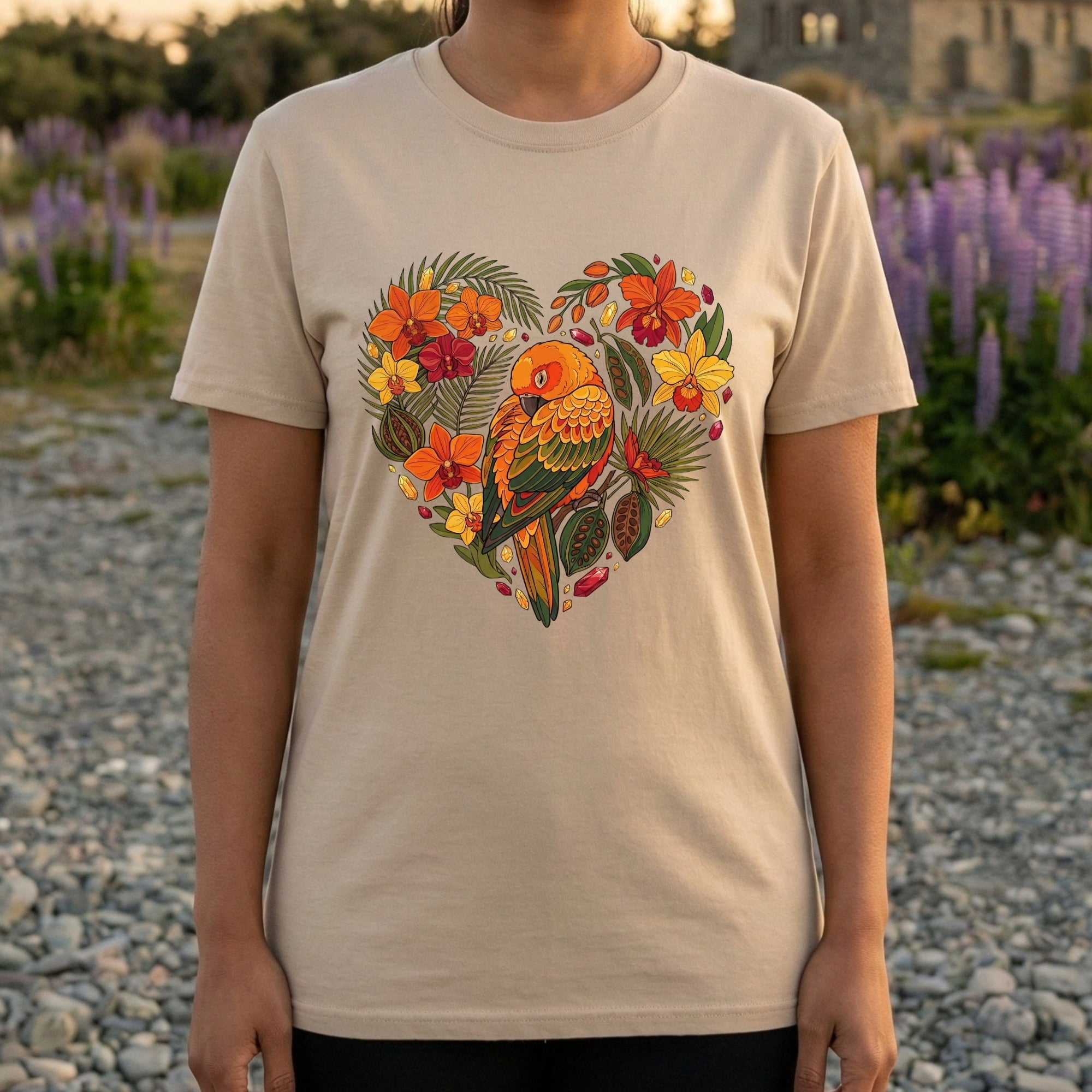 Colorful Parrot Surrounded by Flowers Graphic T-Shirt
