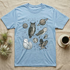 Light blue t-shirt with owls in space illustration, wearing astronaut helmets.