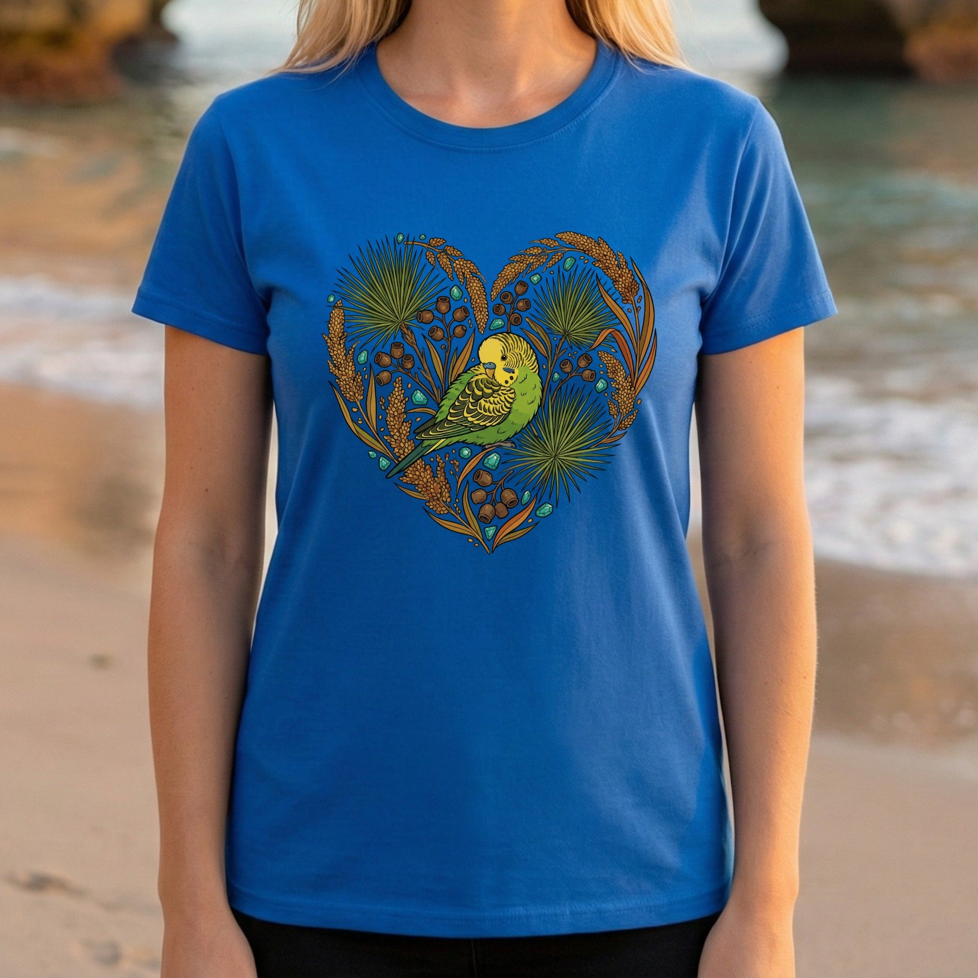 Colorful Bird Design on Heart Shape T-Shirt