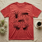 Tarantula Cosmic T-Shirt in Heather Red — Vintage screen-print illustration of tarantulas in astronaut helmets floating in space, obsidian black monochromatic on dark grey background.